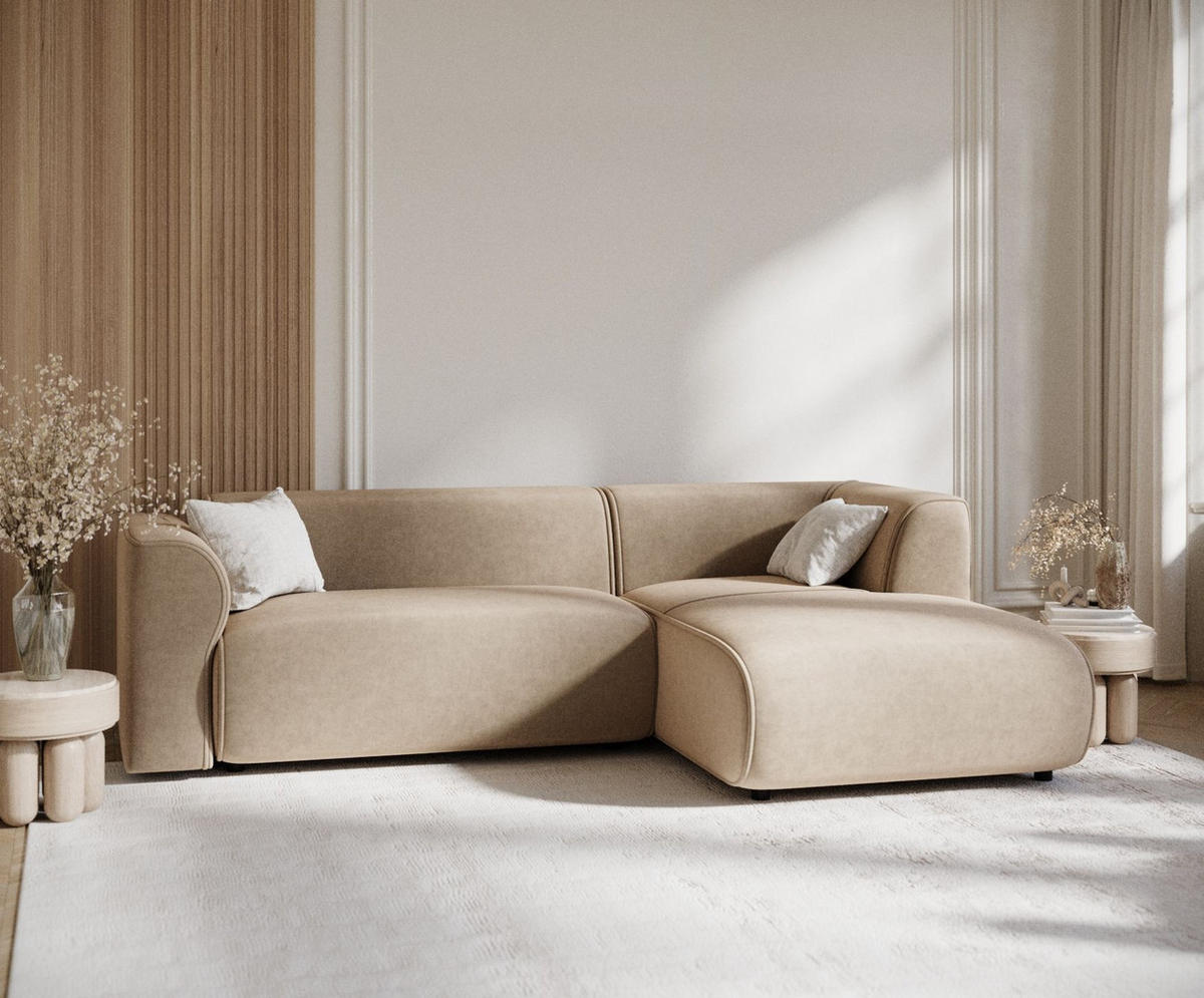 ECKSOFA Melani Beige Samtstoff - Rechts Seite - Beige/Schwarz, Holz/Holzwerkstoff (162/256cm) - Maison de Reve
