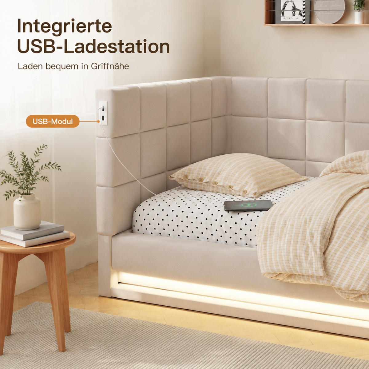DETSKÁ Posteľ 90/200 cm z ľanu béžová s LED osvetlením, USB a roštom - béžová, textil (90/200cm) - Modenvie