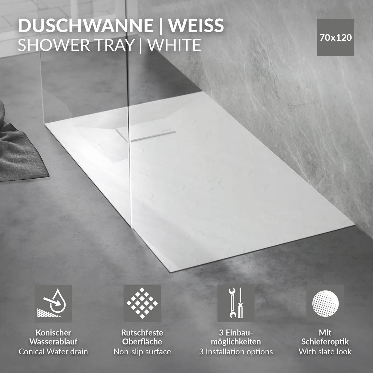 SPRCHOVÁ VANICKÁ 120x70 cm bílá s odtokovou sadou z SMC - bílá, plast (70/3/120cm) - LuxeBath