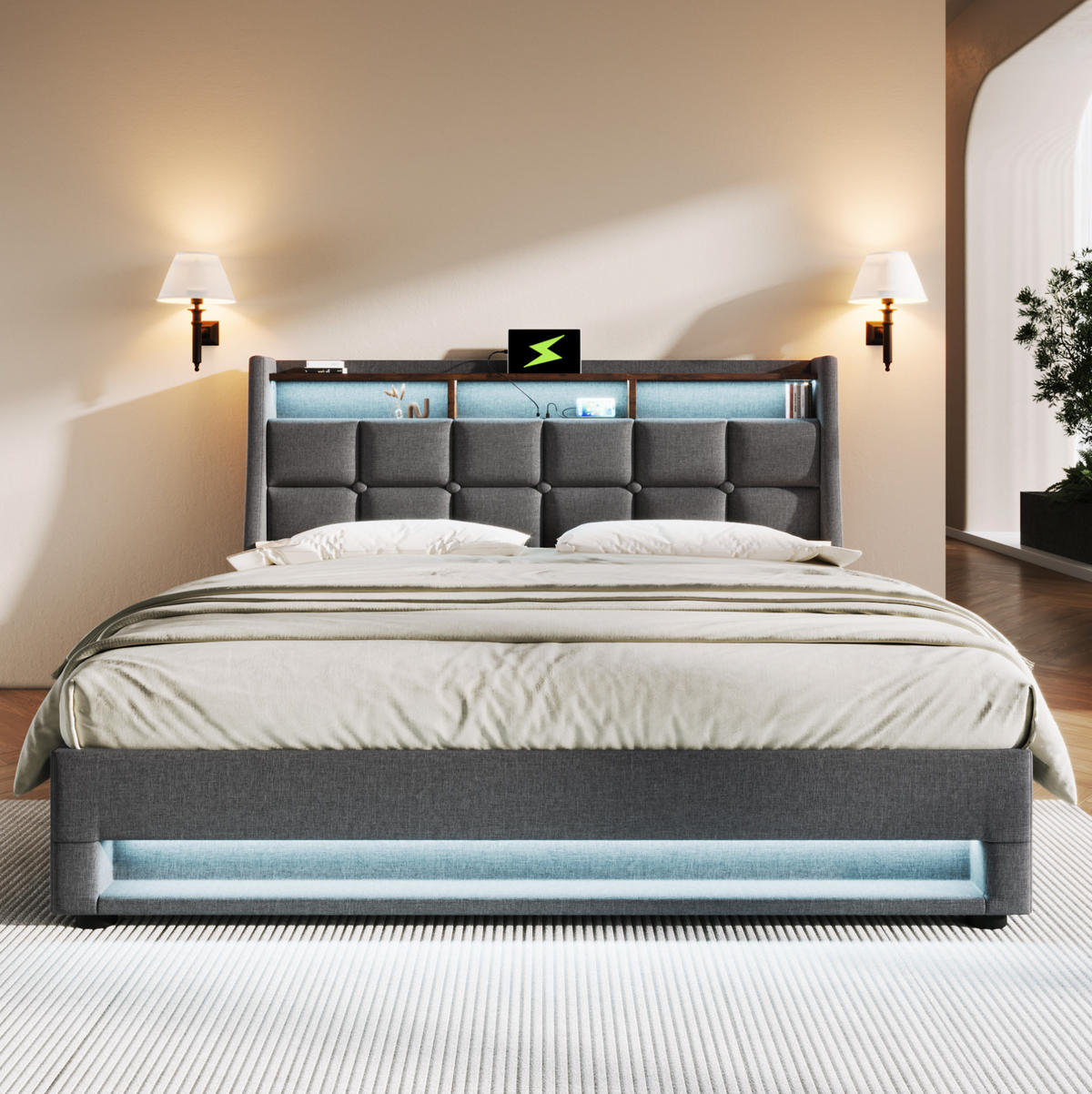 POLSTERBETT 140/200 cm aus Leinen mit LED USB und Matratze Grau - Grau, Textil (140/200cm) - Modenvie