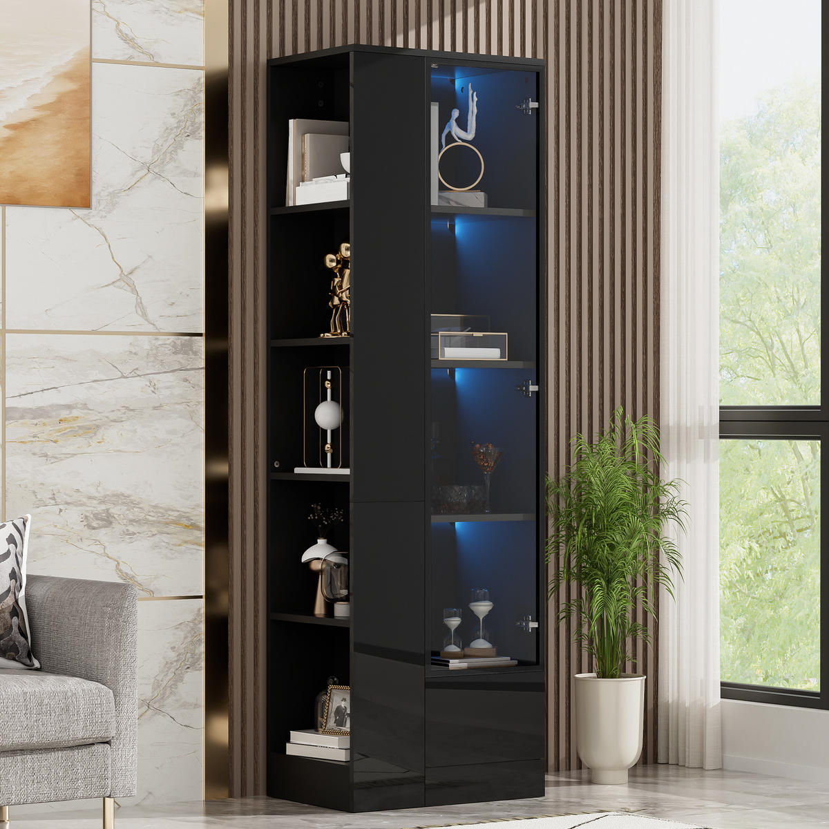 VITRINE 50x35x160 cm Schwarz mit LED und Glastür - Schwarz, Holzwerkstoff (50/160/35cm) - FLIEKS
