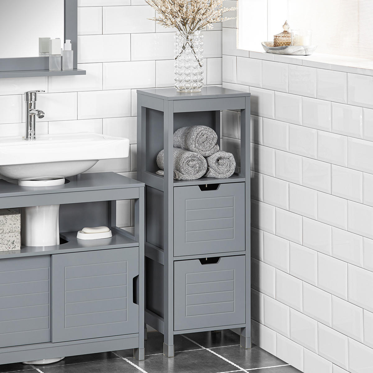 BADEZIMMERSCHRANK Grau - Grau, Holzwerkstoff (30/90/30cm) - SoBuy
