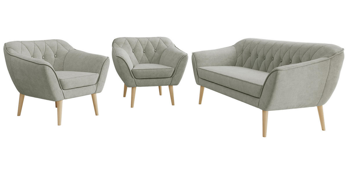 SEDACIA ZOSTAVA 3+1+1 PIRS - Svetlosivá Štruktúrovaná látka - Drevené nohy - farba buka/svetlosivá, kompozitné drevo/textil (180/75/74cm) - MKS