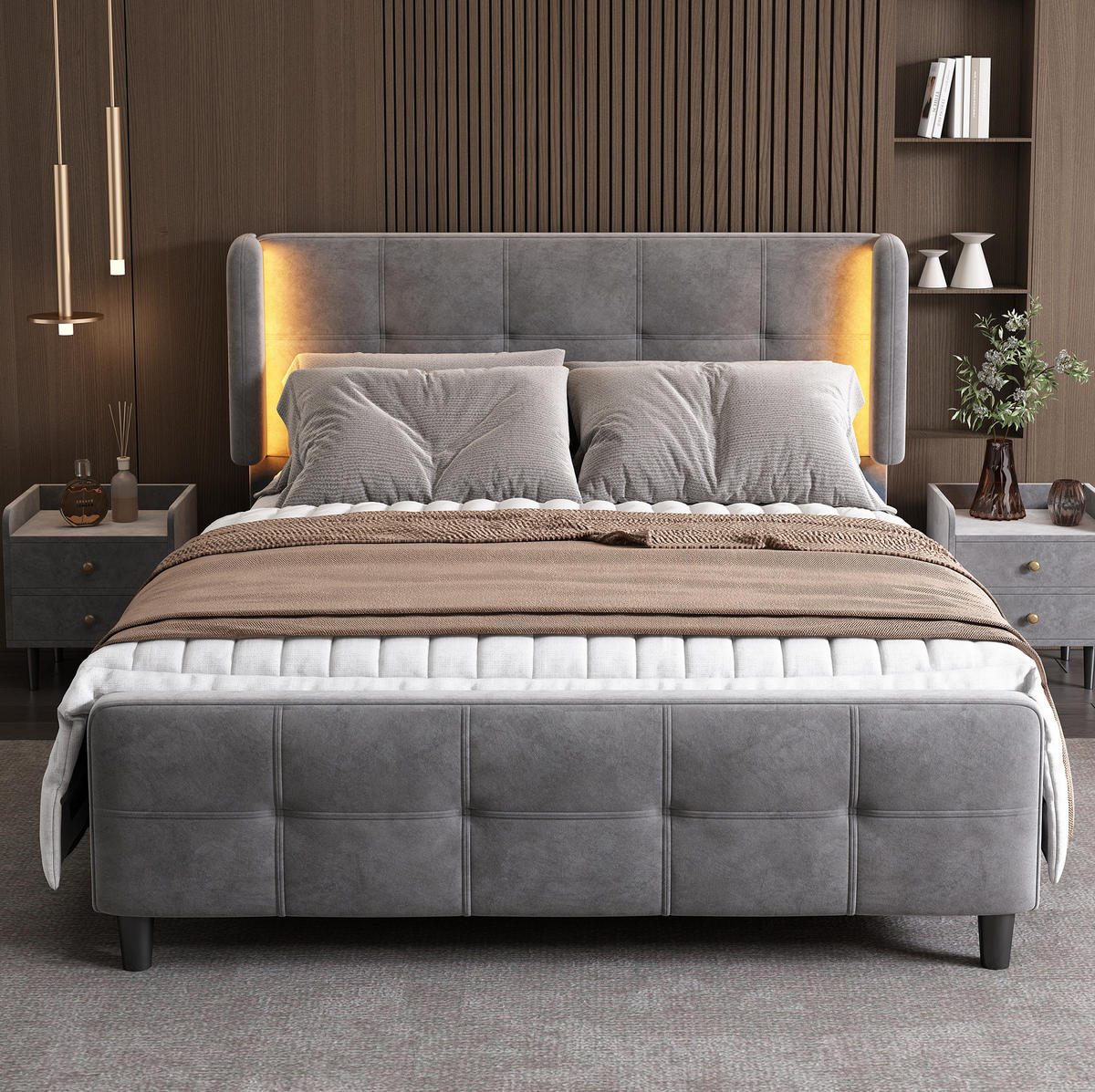 ČALÚNENÁ posteľ z zamatu 140x200 cm sivá s 16-farebným LED osvetlením, prešívaným čelom a nastaviteľným čelom - sivá, textil (140/200cm) - Modfu
