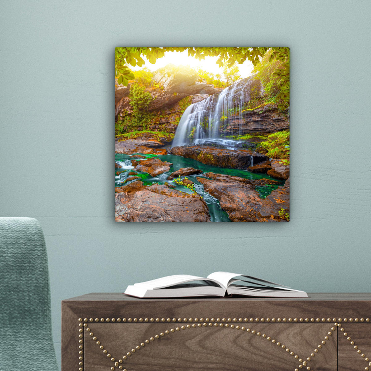 LEINWANDBILD Natur - Wasserfall - Pflanzen - Bäume - Sonne 20x20 cm - Olivgrün, Textil (20/20cm) - MuchoWow