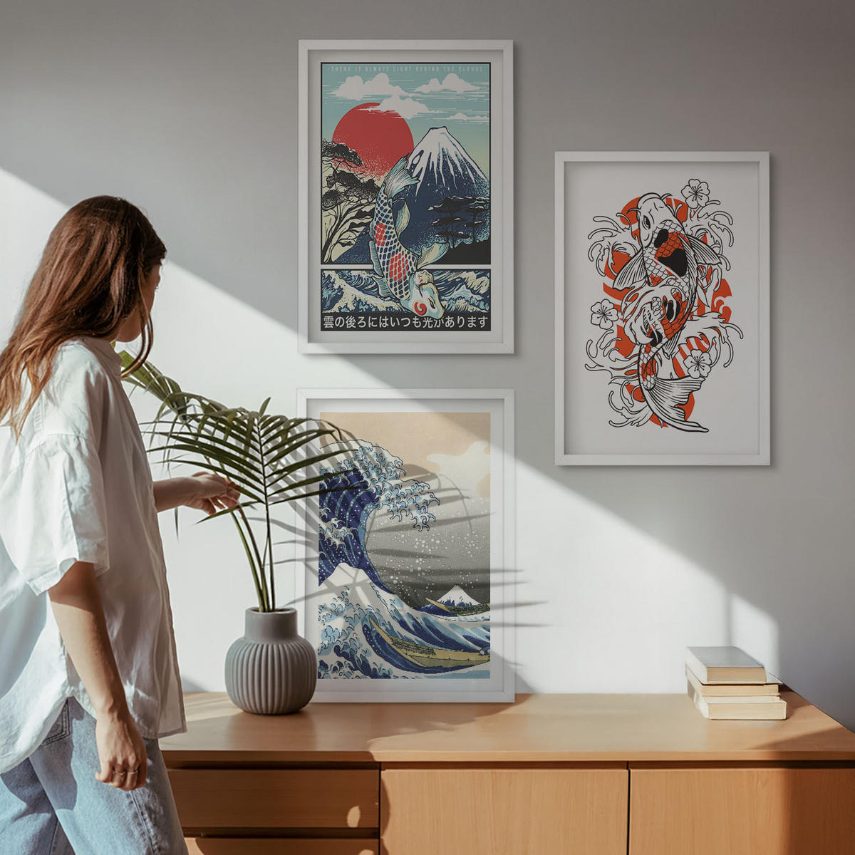BILDER SET 3er Set - 40x60 cm Weißer Rahmen - Berge von Fischen Große Welle Japan - Weiß, Kunststoff (40/60cm) - TULUP