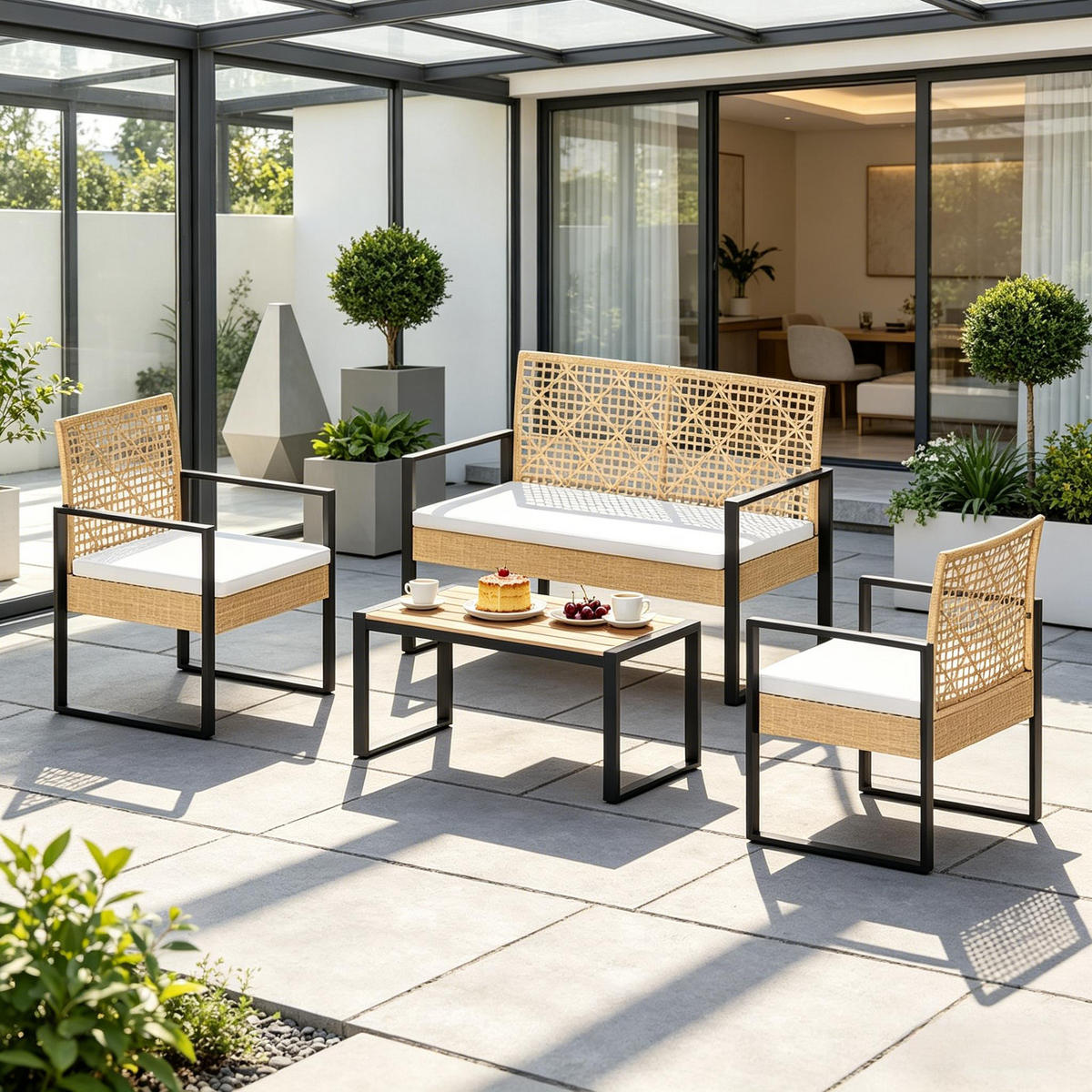 GARTENMÖBEL-SET Naturholz 4-teilig inkl. Couchtisch & abnehmbaren Polstern - Naturfarben, Naturmaterialien - PANGIVO