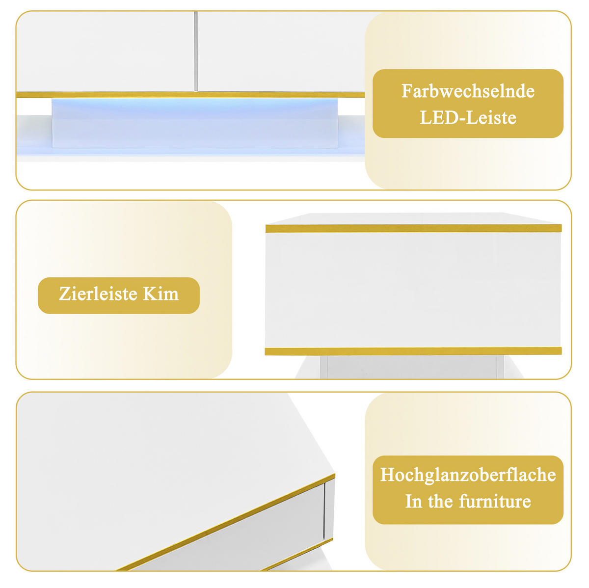 COUCHTISCH aus Spanplatte 100x50x40 cm in Weiß mit LED-Beleuchtung - Weiß, Holzwerkstoff (100/50/40cm) - Modfu