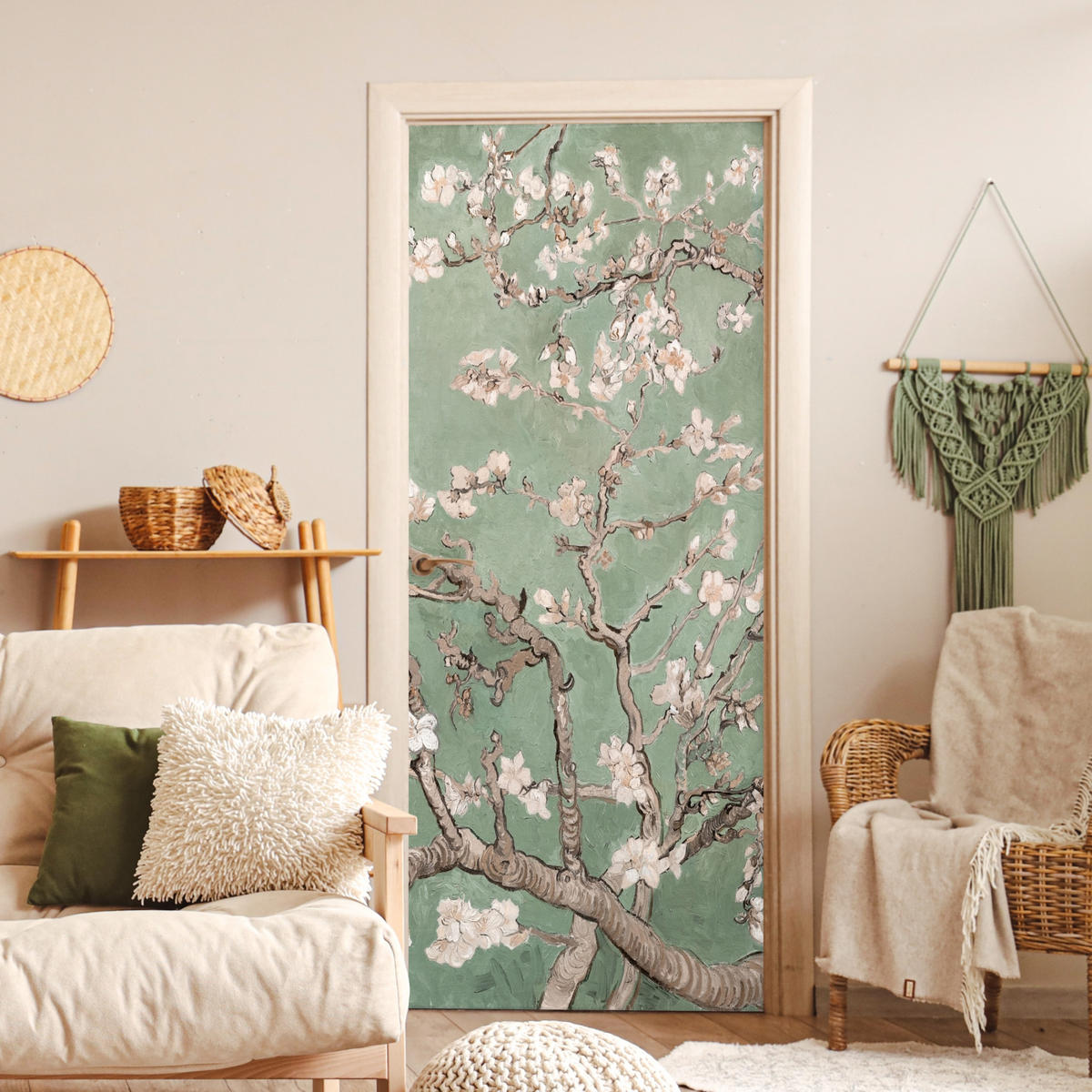TÜRAUFKLEBER Mandelblüte - Kunst - Van Gogh - Grün 90x215 cm - Türtapete - Salbeigrün, Kunststoff (90/0.1cm) - MuchoWow