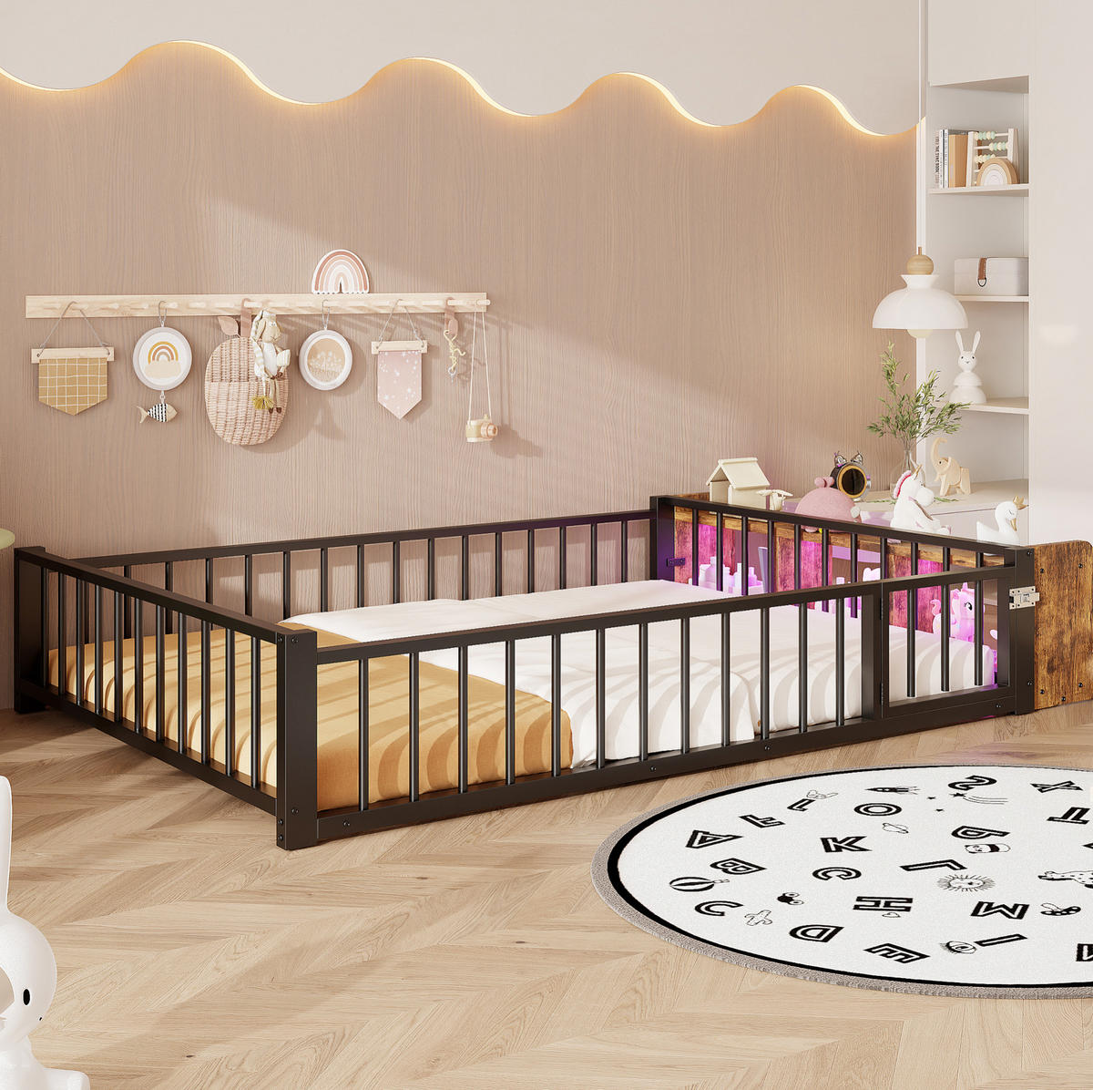 KINDERBETT 140/200 cm aus Metall in Schwarz mit LED-Beleuchtung und Stauraum - Schwarz, Holzwerkstoff (140/200cm) - Flora Grace