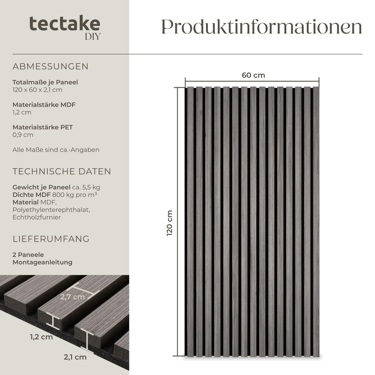 AKUSTIKPANEELE 2er Set Sonic Wall, je 60 x 120 x 2, 1 cm, Größe flexibel anpassbar, Eiche hellgrau - Eichefarben/Hellgrau, Holz (60/2.1/120cm) - tectake