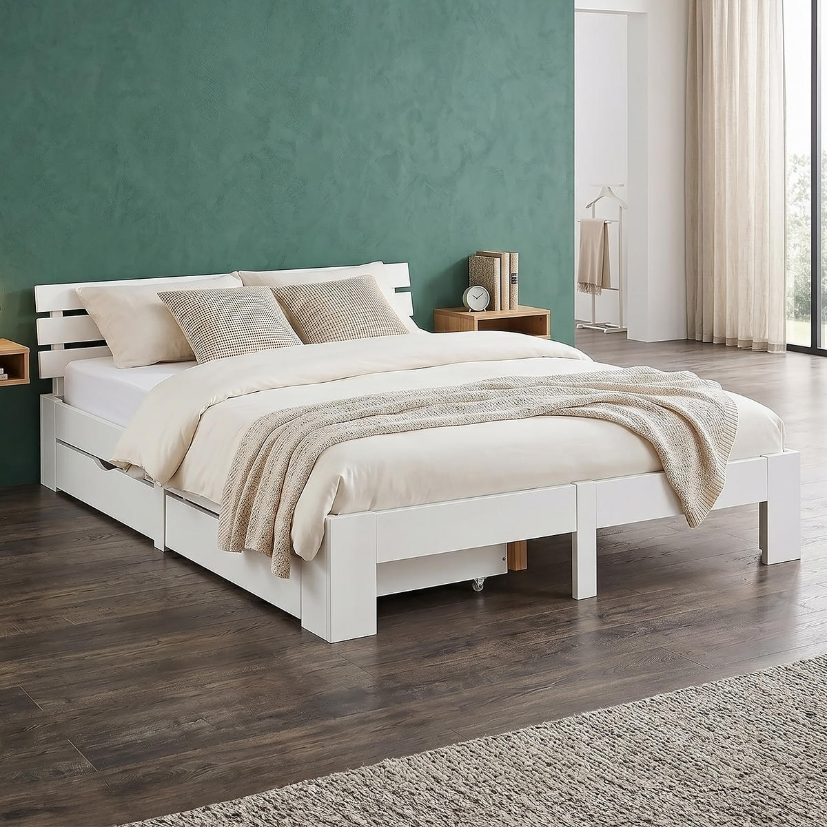 HOLZBETT Weiß 180/200 cm mit 2 Matratzen und Bettkästen - Weiß, Holz - Homestyle4u