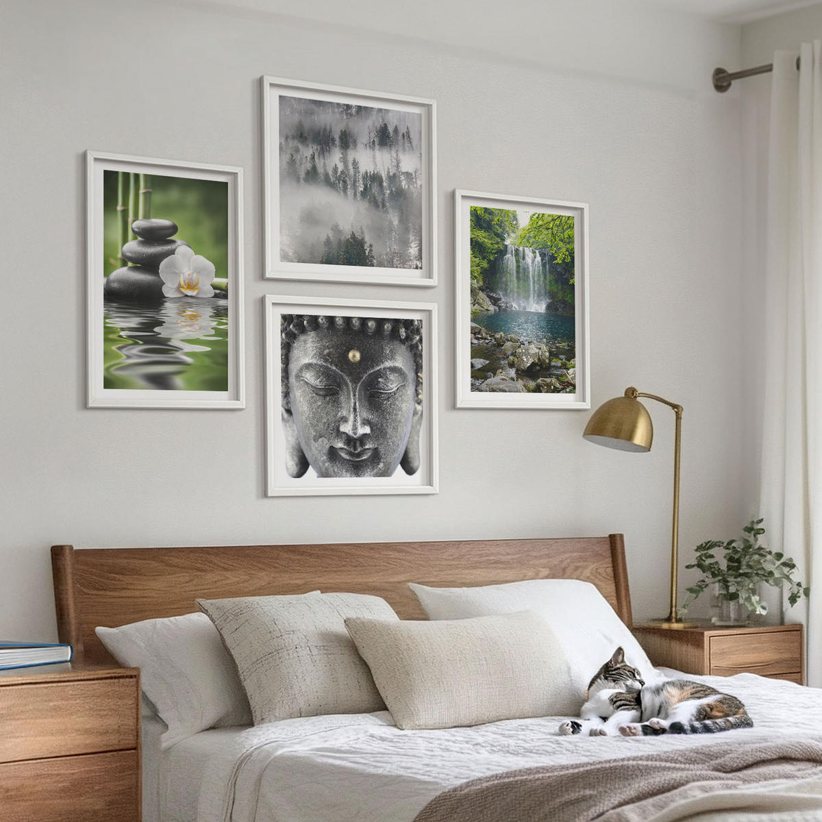 WANDBILDER 4er-Set - 50x50 cm & 40x60 cm Weißer Rahmen - Harmonie der Natur, Steine, Wasser, Buddha - Weiß, Kunststoff (50/50cm) - ArtPrintCave