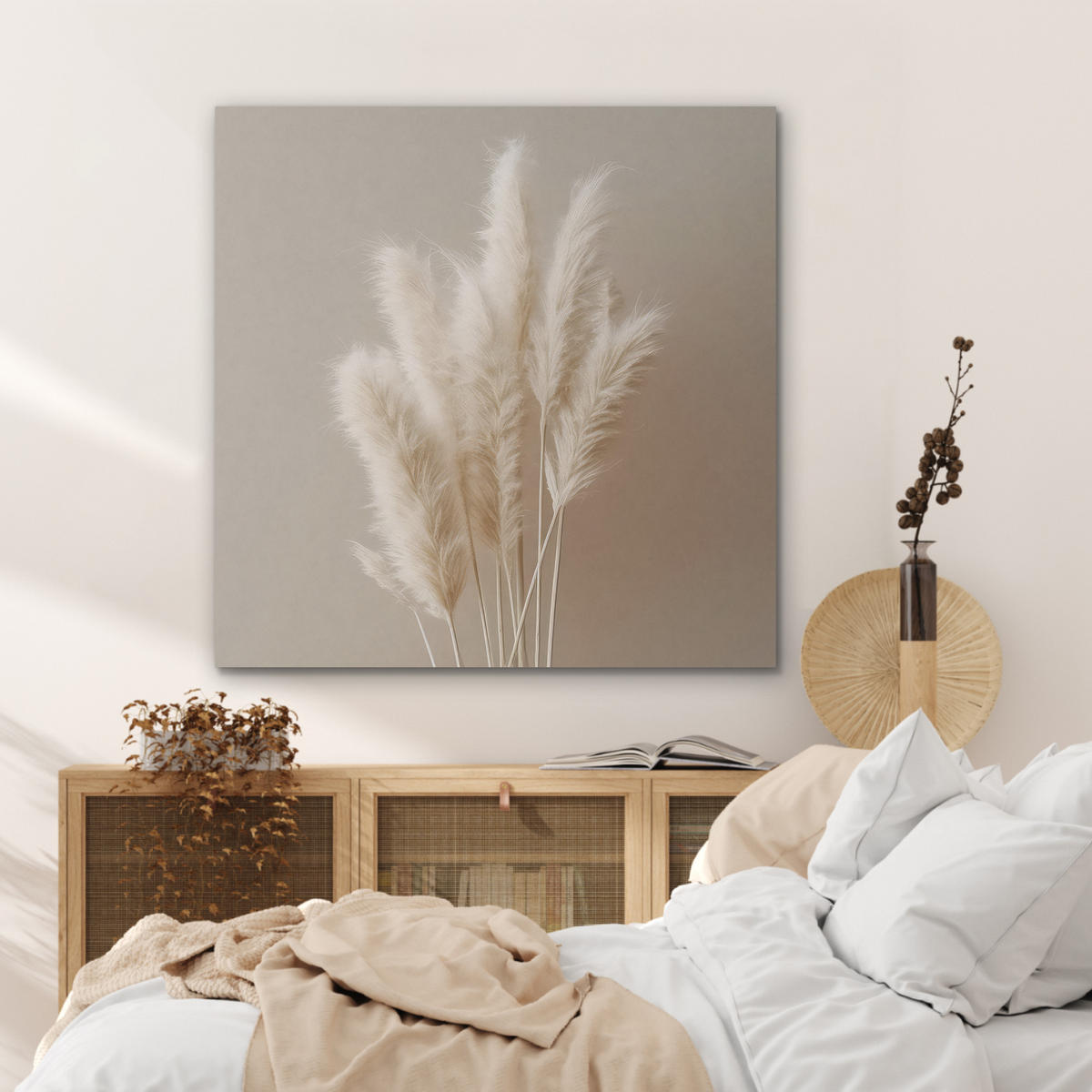 AKUSTIKPANEEL Pampasgras - Federn - Pastell - Weiß 90x90 cm - Naturfarben, Textil (90/0.9/90cm) - MuchoWow