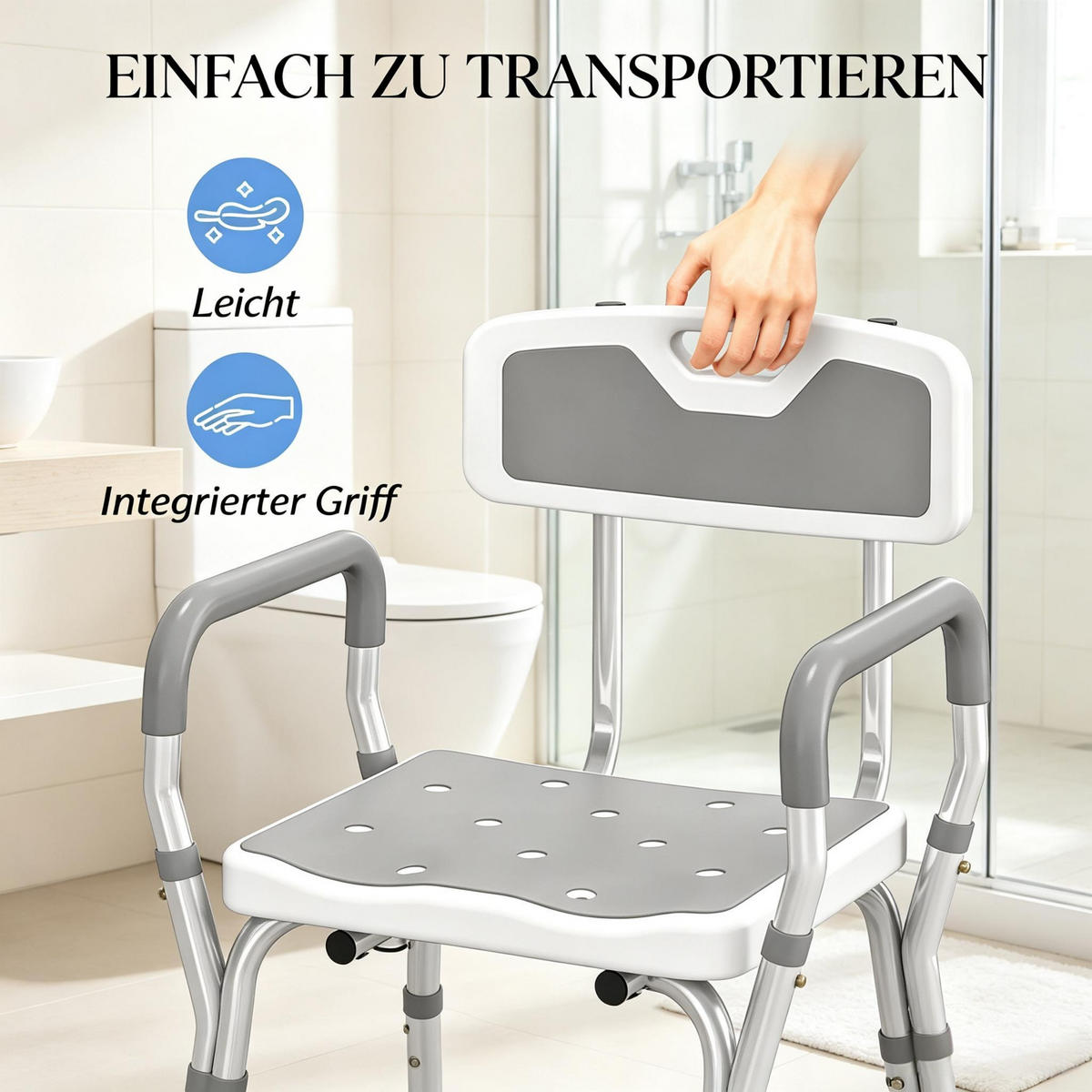 DUSCHSTUHL höhenverstellbar mit Rutschschutz, DE-42180, Weiß/Hellgrau - Grau, Kunststoff/Metall (53.5/74/56.5cm) - ComfortXL