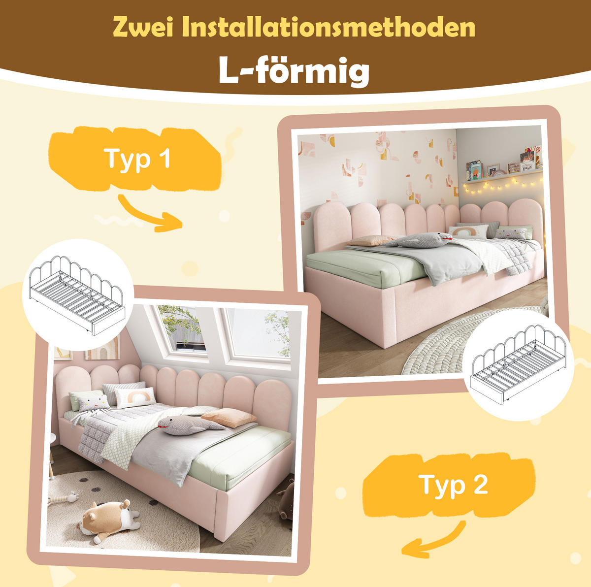 KINDERBETT Polsterbett 90/200 cm aus Samt mit Ausziehbett Rosa - Rosa, Textil (90/200cm) - Modenvie