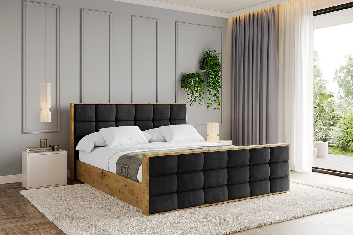 POLSTERBETT mit Bettkasten, Fußteil und Lattenrost, Boxbett mit Matratze H3/H4 - ENZO2-Z 180x200 Schwarz - Schwarz, Holzwerkstoff/Textil (180/200cm) - ALTDECOR