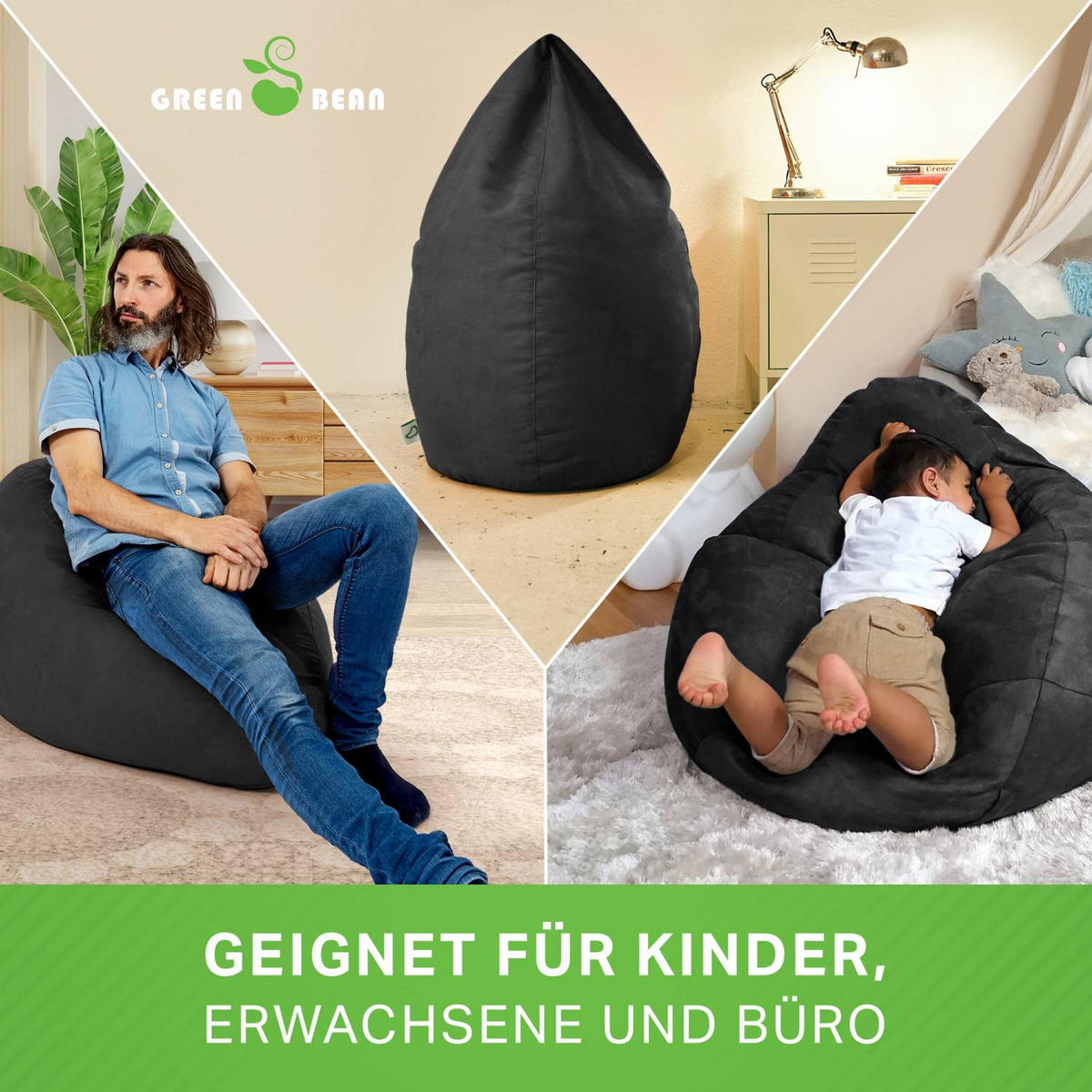 SITZSACK "Drop" 60x60x90cm - 220L - Schwarz, Textil (60/90/60cm) - Green Bean