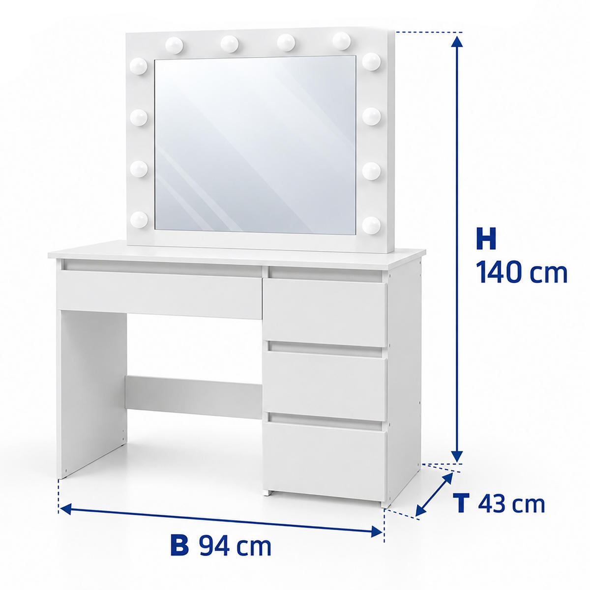 TOALETKA Bílá hollywoodské zrcadlo osvětlení 12 LED 4 zásuvky - bílá, kompozitní dřevo/sklo (94/140/43cm) - Relaxdays