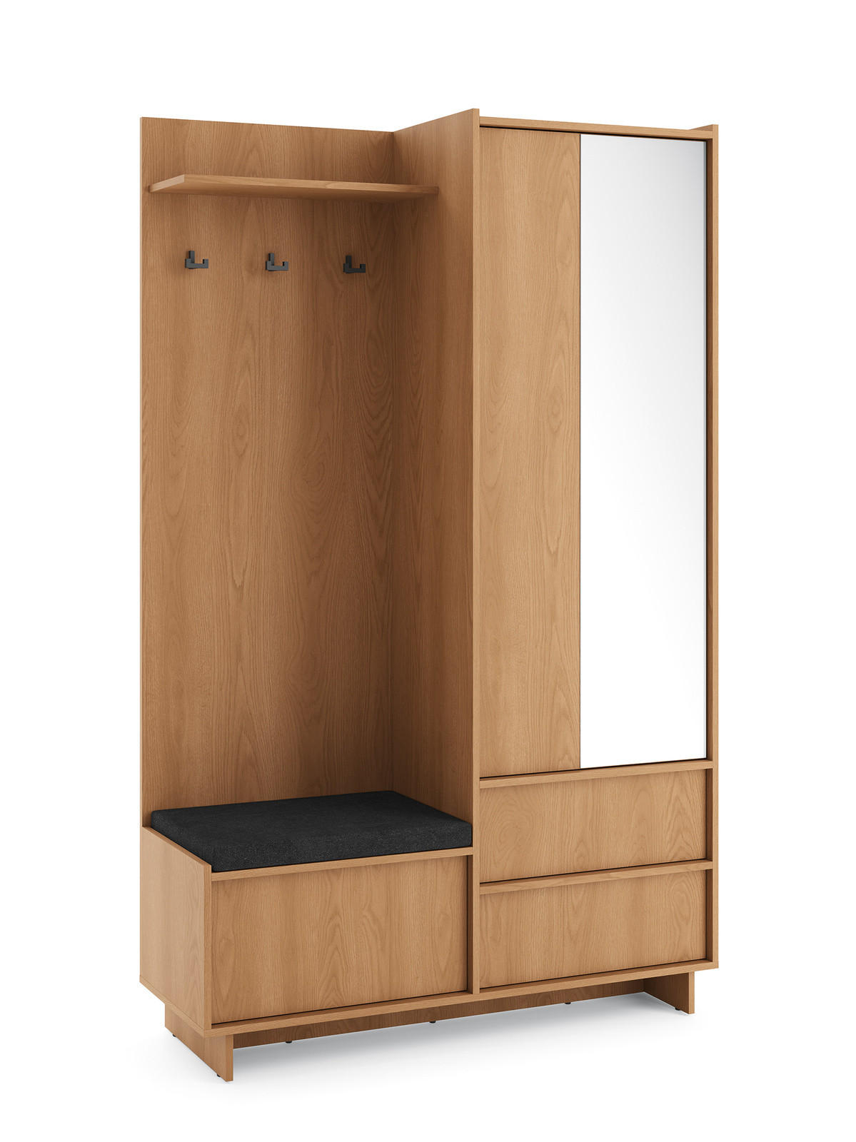 GARDEROBE SUNA 125 cm (Eiche Karamell, Spiegel, Sitzkissen, Push to Open) - Eichefarben, Holz/Holzwerkstoff (125/201/39cm) - Ravio