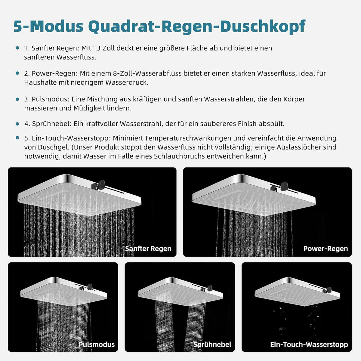 EINBAUDUSCHKOPF 13 Zoll Regenfall mit 5 Funktionen Weiß - Weiß, Metall (25/12.7/33cm)