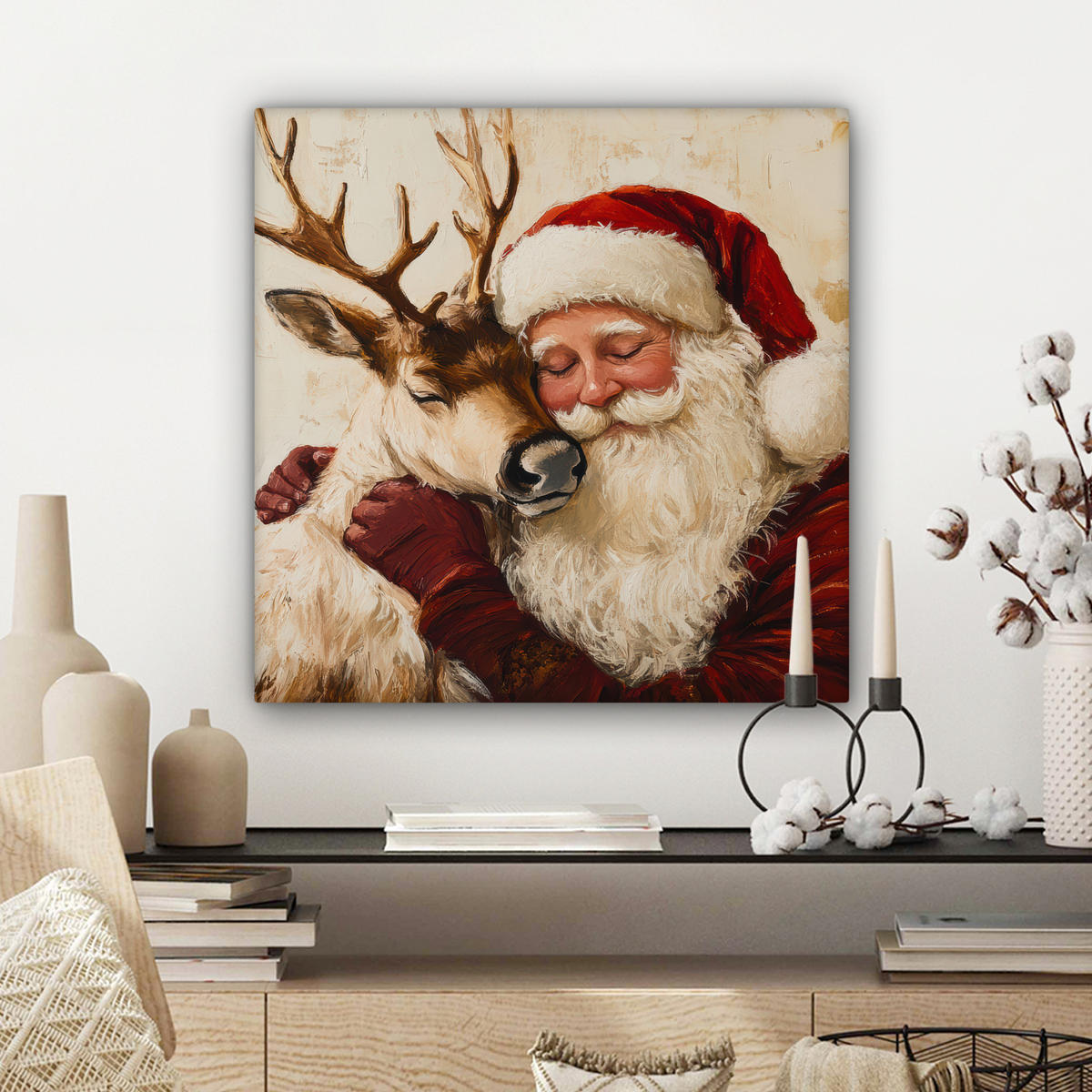 LEINWANDBILD Weihnachtsmann - Rentier - Weihnachten Wandbild Wohnzimmer 50x50 cm - Rotbraun, Textil (50/50cm) - MuchoWow