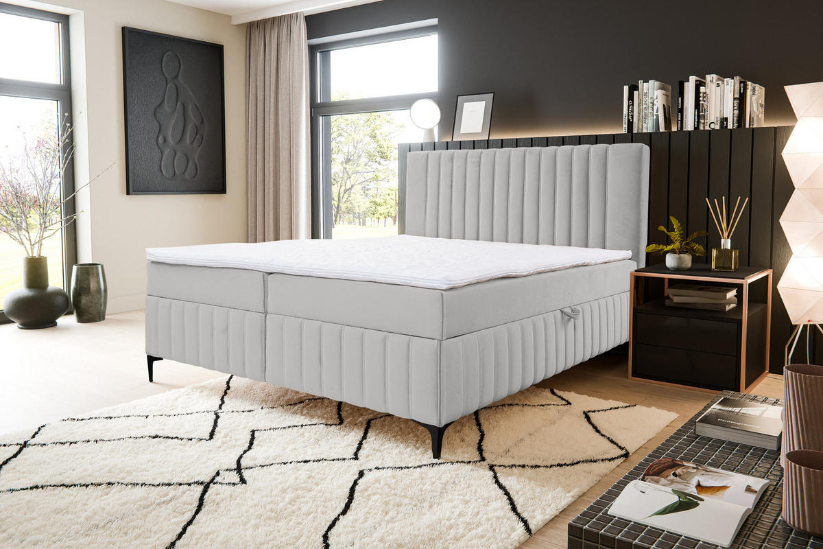 BOXBETT QUANT mit 2 Bettkästen, 160x200, Farbe: Beige, Velourstoff, mit Bonell-Matratze inkl. Topper - Beige, Holz/Kunststoff (160/200cm) - VENASI MÖBEL