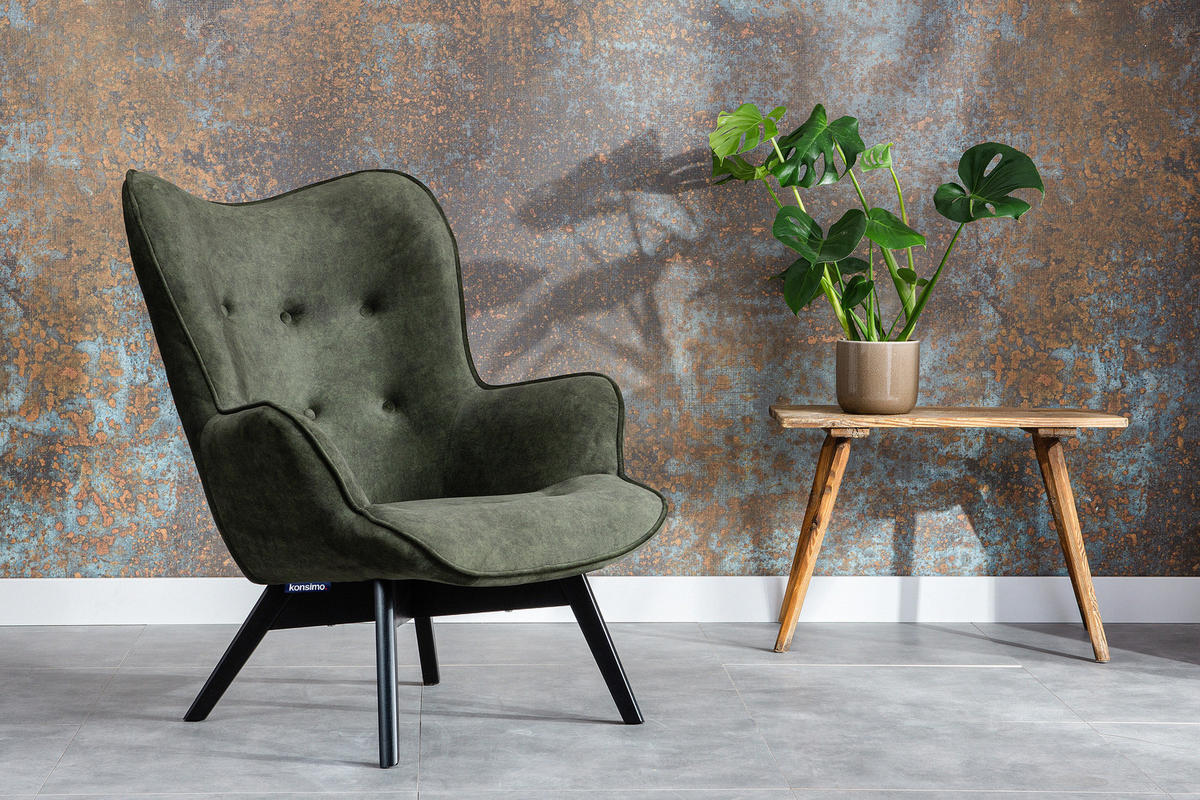 SESSEL GLORI mit Armlehnen, Dunkelgrün - Dunkelgrün/Schwarz, Holz/Textil (78/94/88cm) - KONSIMO®