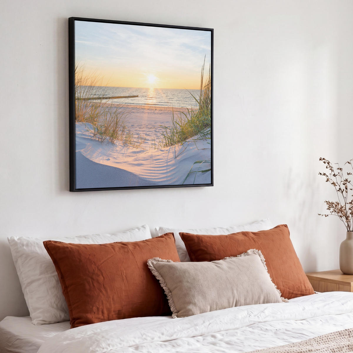 LEINWAND Bilder mit Rahmen - Strand - Sonne - Düne - Gras - Sand - Horizont - 50x50 - Hellblau, Textil (50/50cm) - MuchoWow
