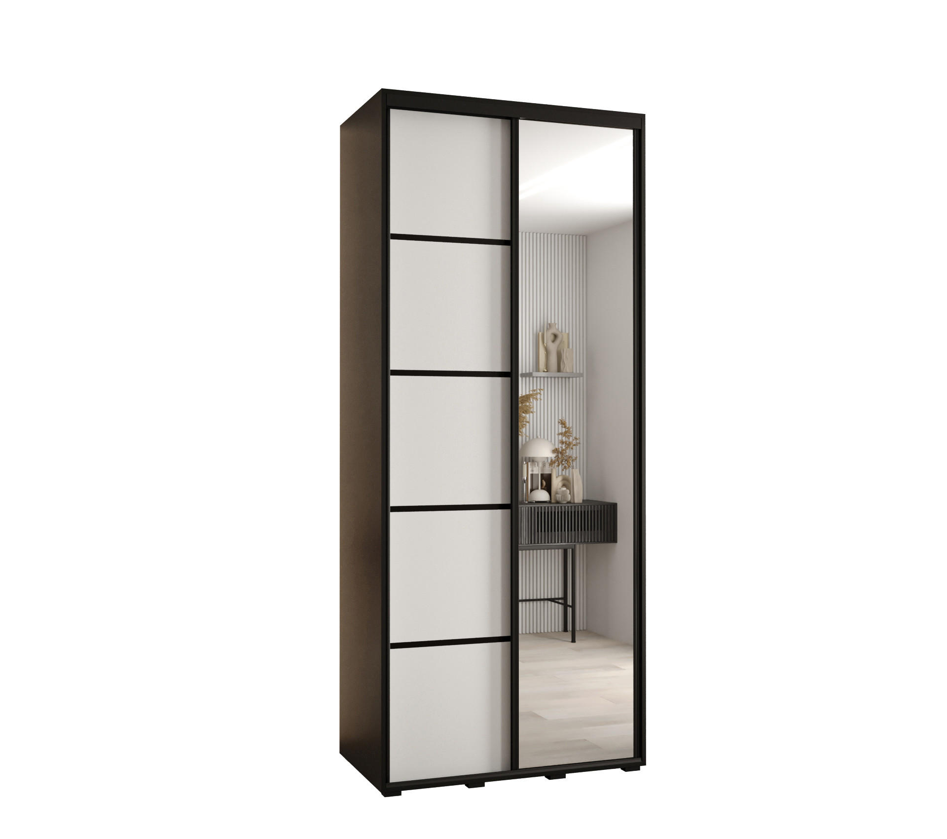 Abiks Möbel Schwebetürenschrank Schwarz, Weiß, Schwarz 110x235x60 cm