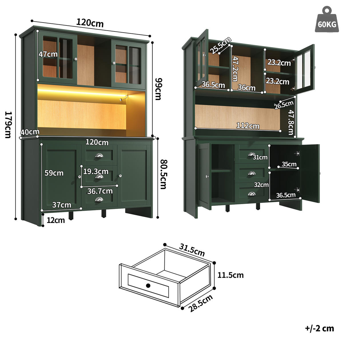 BUFFET 120/40/179 cm grün aus MDF mit LED-Beleuchtung - Grün, Holzwerkstoff (120/179/40cm) - OKWISH