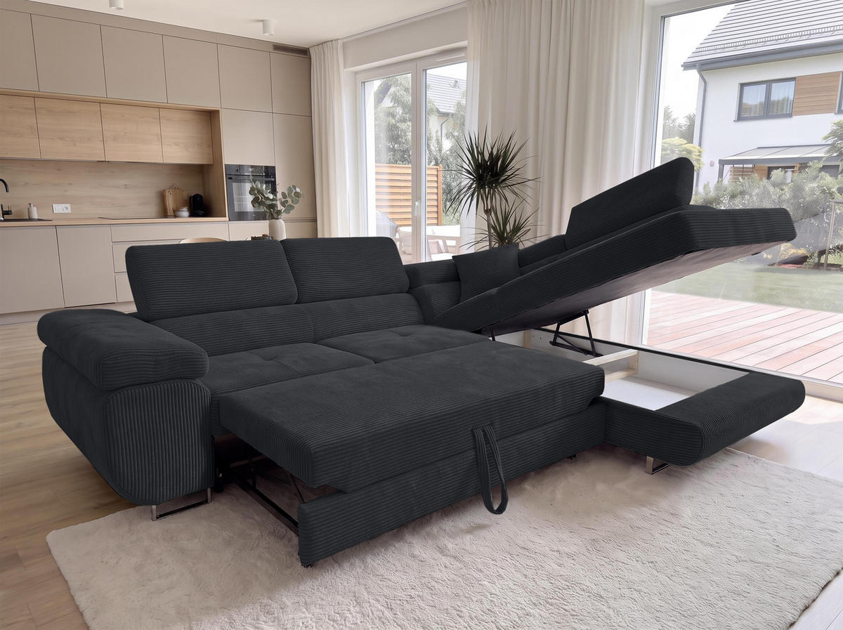 ECKSOFA L Form Konak Schwarz 276/201/90 cm Rechts mit Schlaffunktion - Silberfarben/Schwarz, Textil/Metall (276/203cm) - AX Living