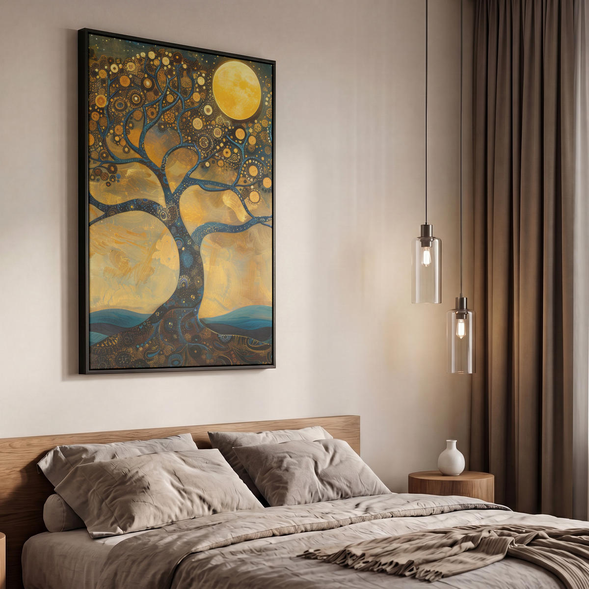 LEINWAND Bilder mit Rahmen - Baum - Mond - Blumen - Gold - Kunst - 60x90 - Orange, Textil (60/90cm) - MuchoWow