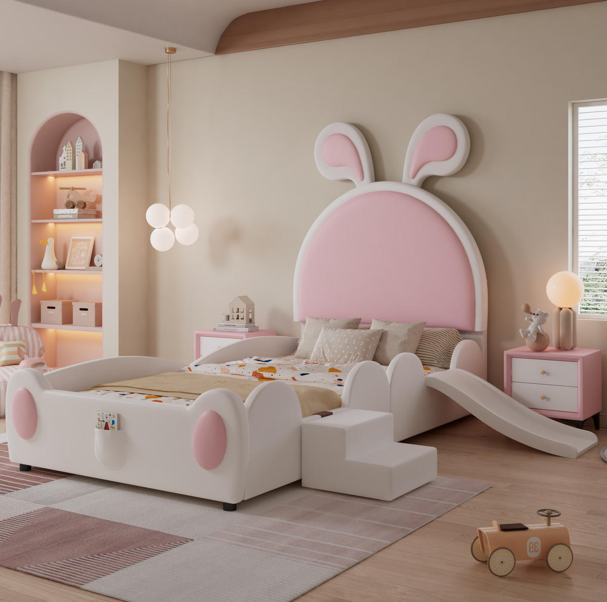 KINDERBETT 90/200 cm aus PU mit Rutsche, Treppe und Hasenohren-Kopfteil Weiß/Rosa - Rosa, Kunststoff (90/200cm) - Modenvie