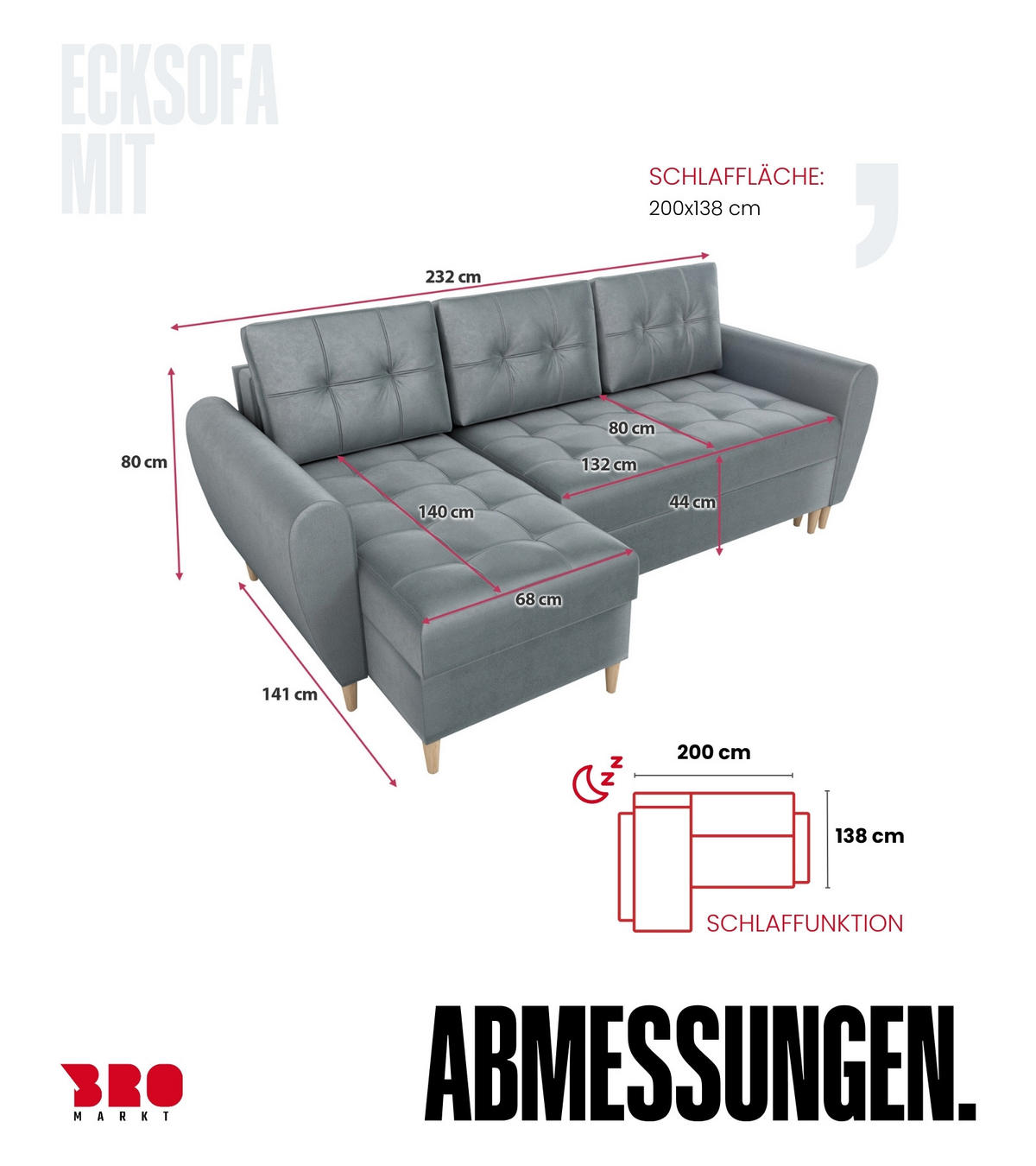 ECKSOFA Henry mit Schlaffunktion Grau Samtstoff - Grau, Textil (232/141cm) - Bromarkt