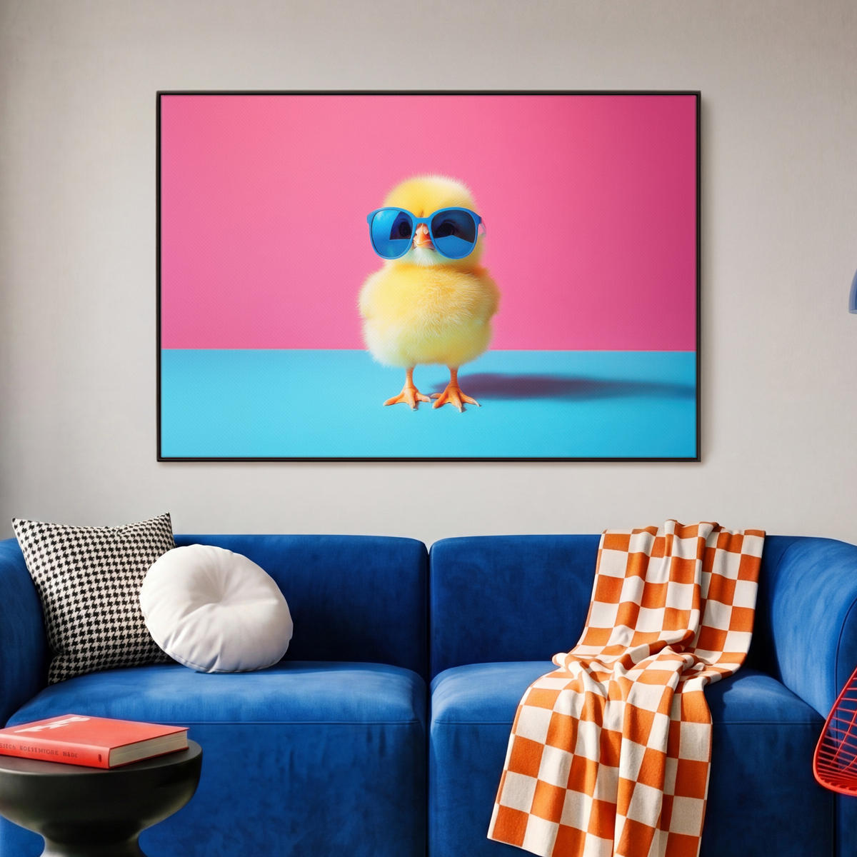 LEINWAND Bilder mit Rahmen - Chick - Sonnenbrille - Blau - 90x60 - Pink, Textil (90/60cm) - MuchoWow