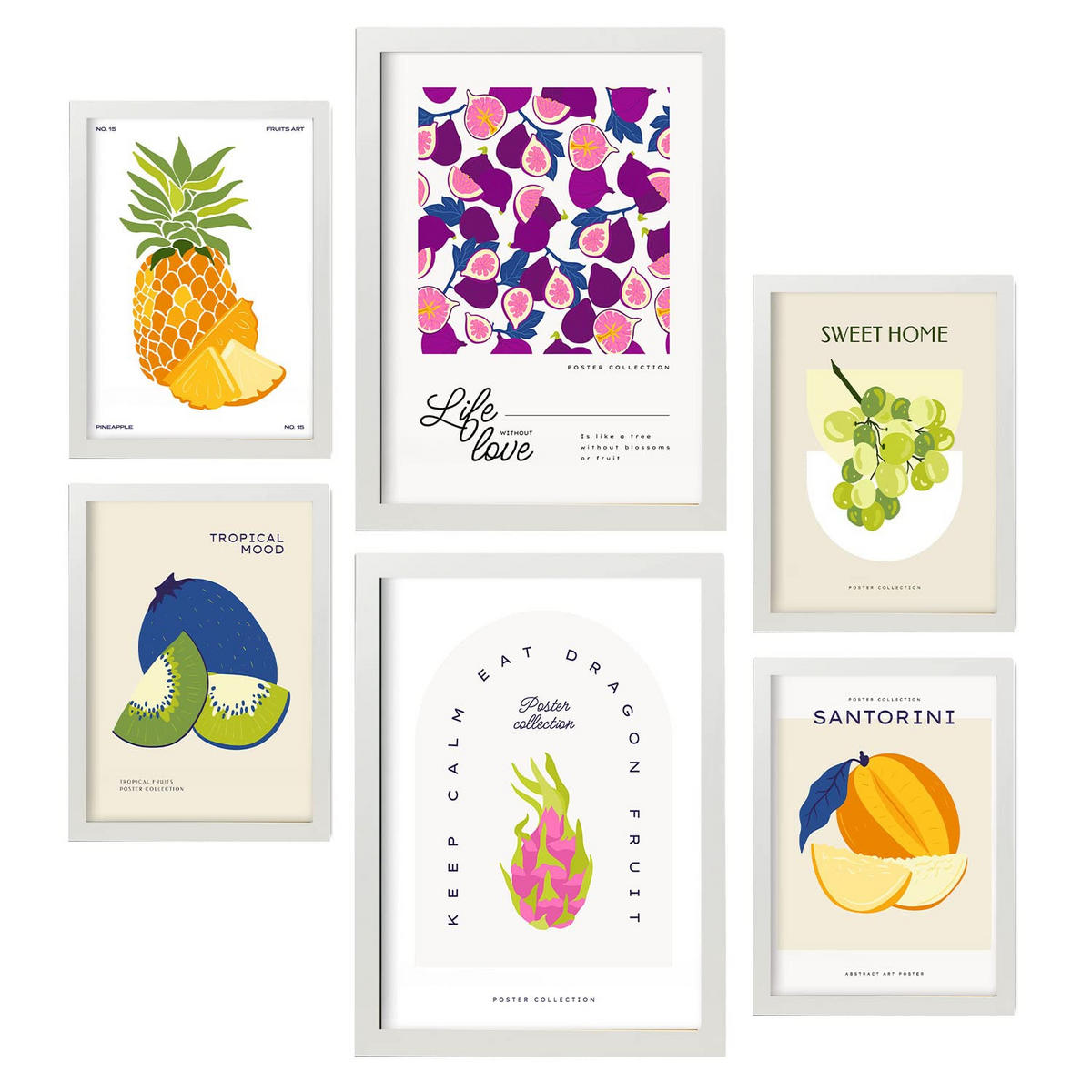 POSTER Set Mit 6 Lebensmittel Und Ernährungs Süße Früchte A3 & A4 Weißer Rahmen - Weiß, Papier (29/3cm) - Nacnic