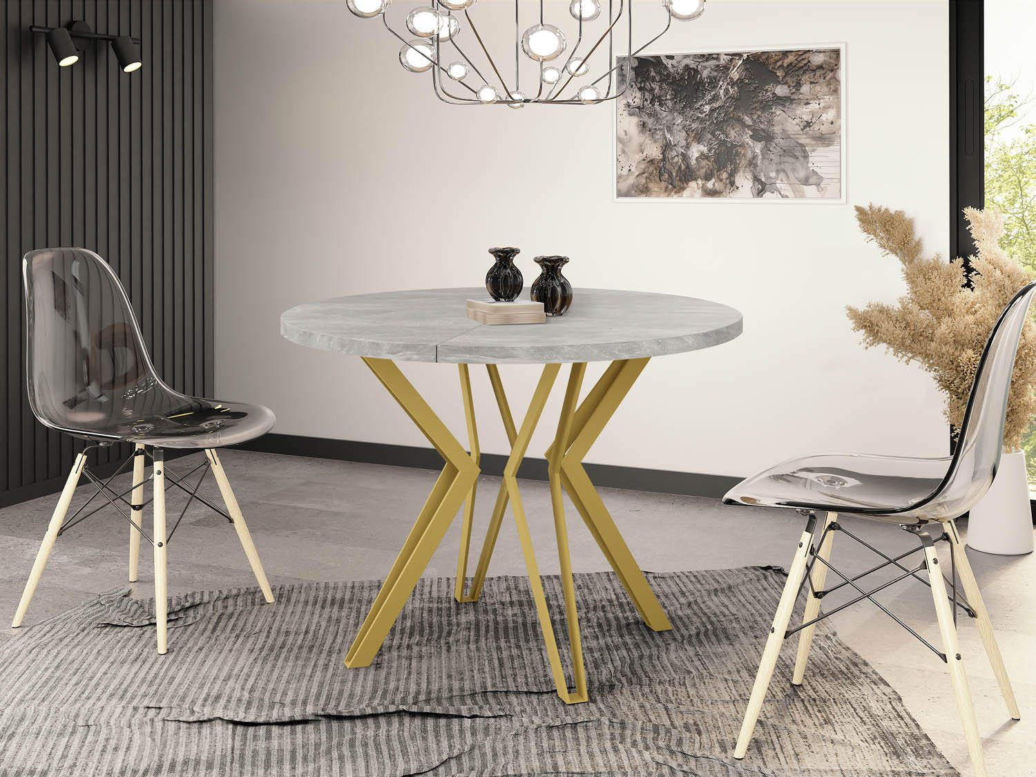 ESSTISCH Daisy runder ausziehbarer, Grauer Beton 120-200/100/76 cm - Goldfarben/Hellgrau, Holzwerkstoff/Metall (120/120/76cm) - WFL GROUP