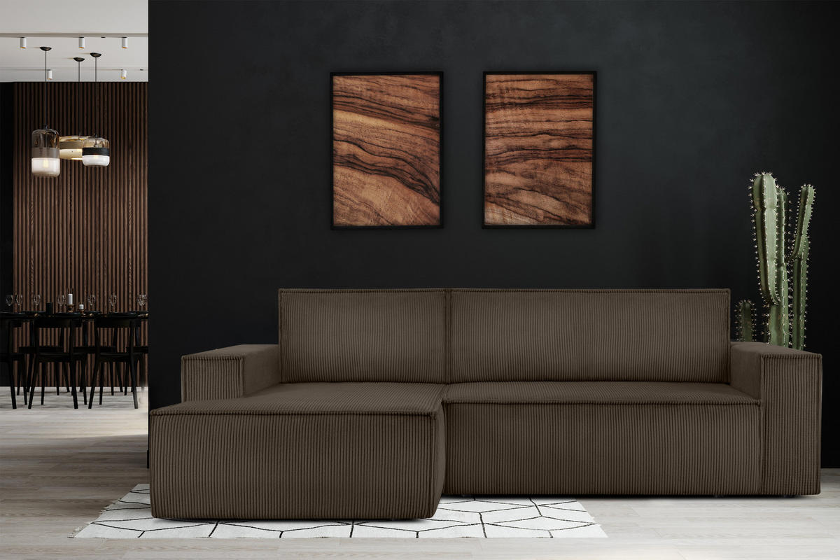 ECKSCHLAFSOFA-LINKS NAPI in Pet Friendly Cord-Stoff, braun - Schwarz/Braun, Textil (262/148cm) - KONSIMO®