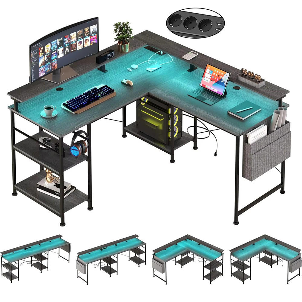 SCHREIBTISCH L-förmig mit Regal USB Steckdose RGB LED Grau - Grau, Holz (140/50/85cm) - Kaket