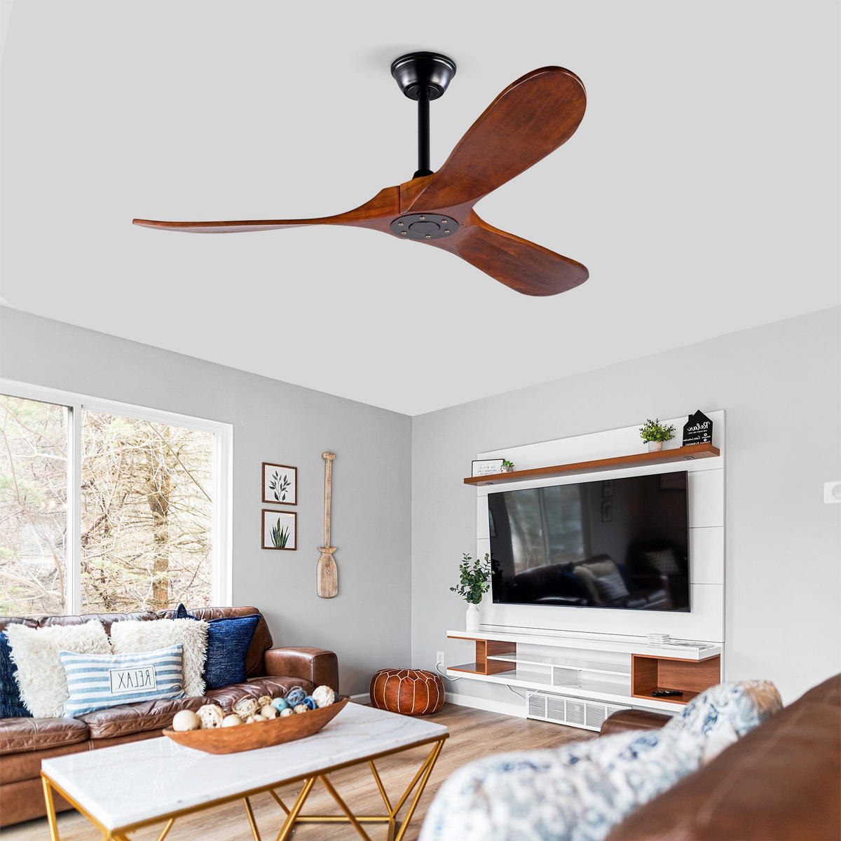 DECKENVENTILATOR & 3 Holzflügeln, Speicherfunktion, Fernbedienung - Braun, Holzwerkstoff (132/132/51cm) - Gisaae