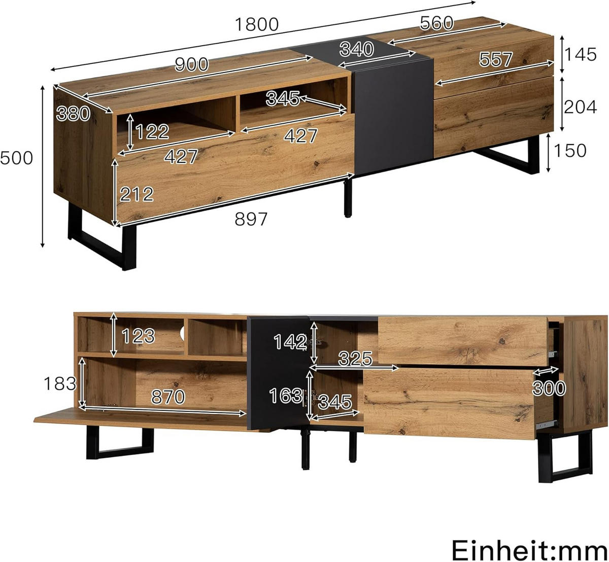 TV Lowboard 180 cm, Colorblock, Holzmaserung - Braun, Holz (102/13/45cm)