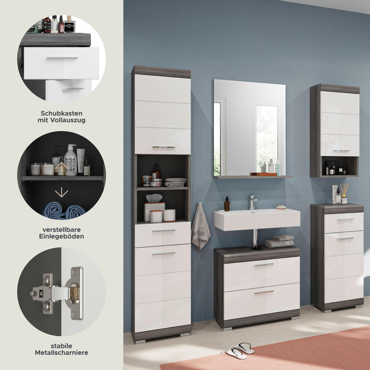 BADKOMBINATION 5tlg. Scout Bad in Rauchsilber Nachbildung und weiß hochglanz B/H/T: 164x191x37 cm - Anthrazit, Holz (164/191/37cm)