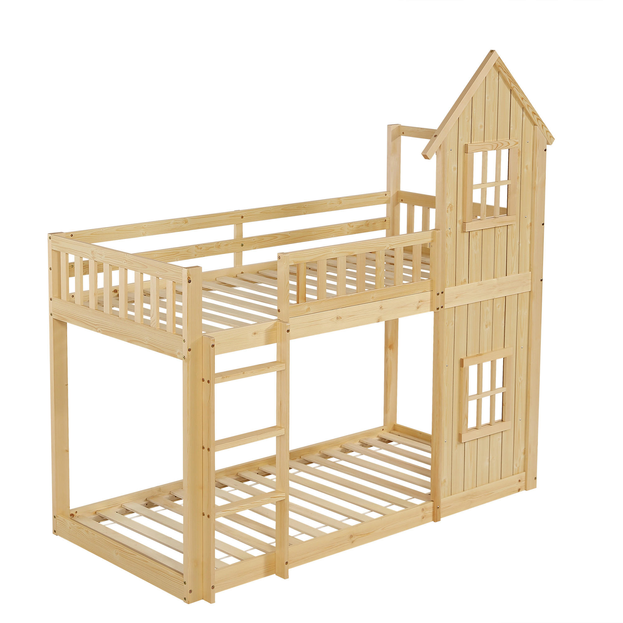 ETAGENBETT 90/200 cm in Natur mit Hausform, Fenstern und Treppe - Naturfarben, Holz/Holzwerkstoff (90/200cm) - WISHDOR