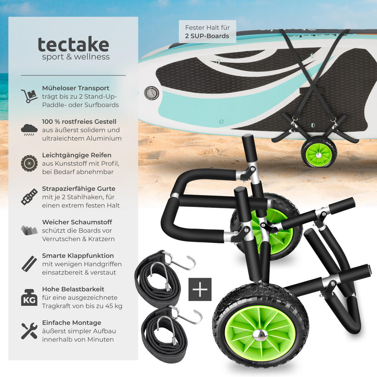 SURFBOARD TRANSPORTWAGEN Wavewheel,inkl. 2 Sicherungsgurte, 62 x 53 x 49 cm,schwarz/grün - Schwarz/Grün, Metall (53/62/0.49cm) - tectake