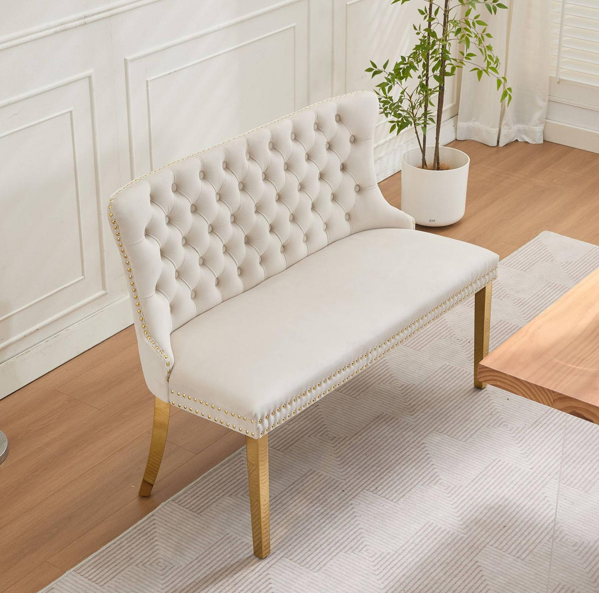SITZBANK 2-Sitzer Samt Beige mit goldfarbenen Edelstahlbeinen - Beige, Metall (116/89.5/58.1cm) - Meubliv