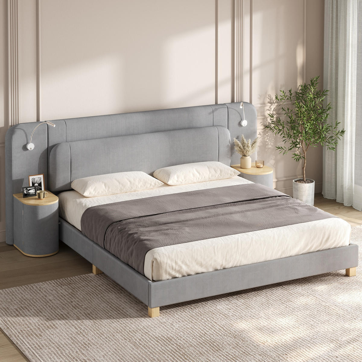 POLSTERBETT 180/200 cm mit Nachttischen und LED, DE-41849, in Grau - Grau, Holzwerkstoff (180/200cm) - ComfortXL