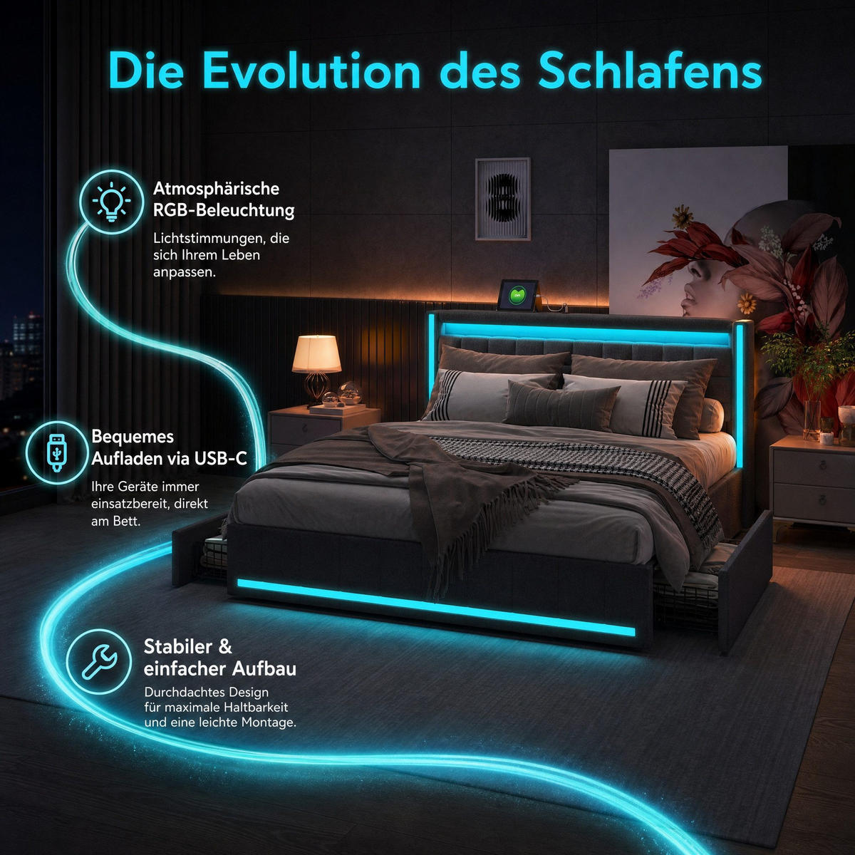 POLSTERBETT 140x190 cm Dunkelgrau Leinen LED USB 4 Schubladen - Grau, Holz (140/200cm) - SHOPENTRA