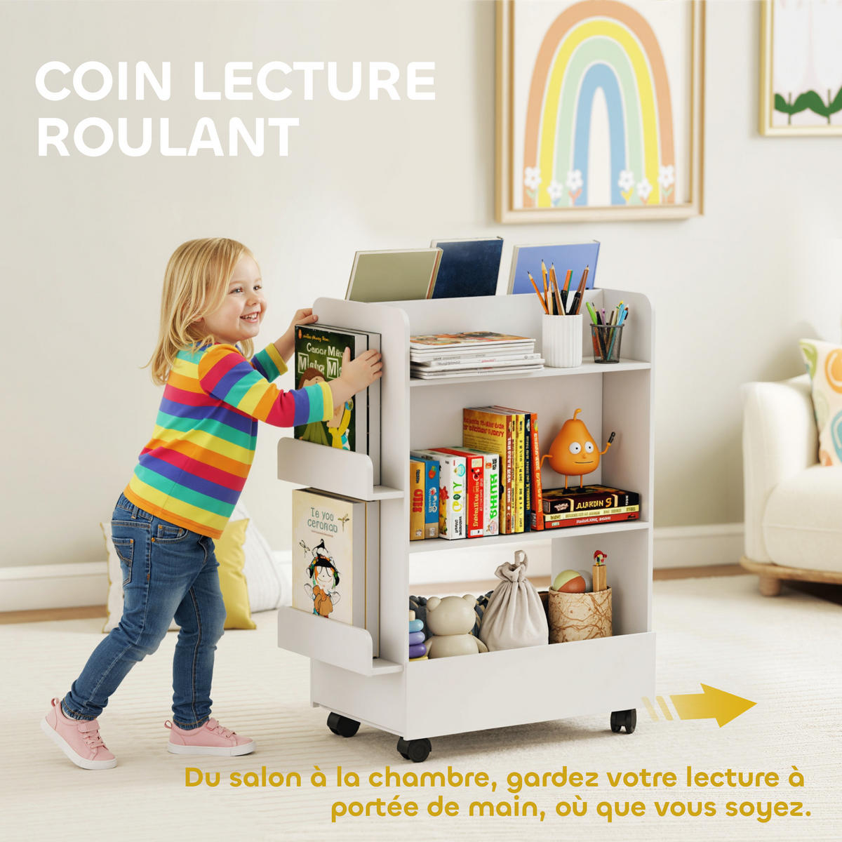 KINDERREGAL Weiß 66,5/32,5/86,5 cm mit Rollen und Kreidetafel - Weiß, Holzwerkstoff (66.5/86.5/32.5cm) - PANGIVO