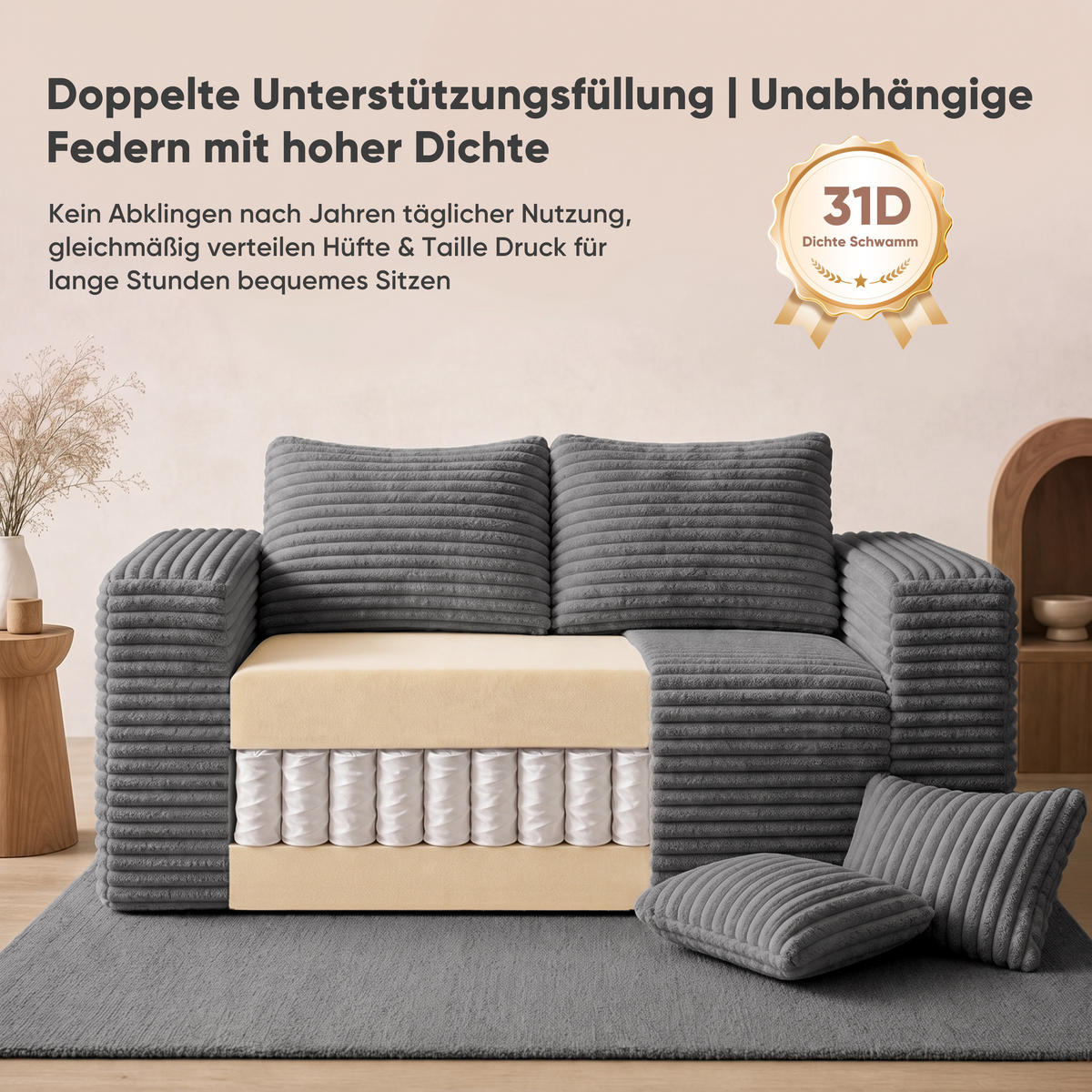 2-SITZER SOFA Cord Grau - Grau, Textil (160/58/88cm) - WISHDOR
